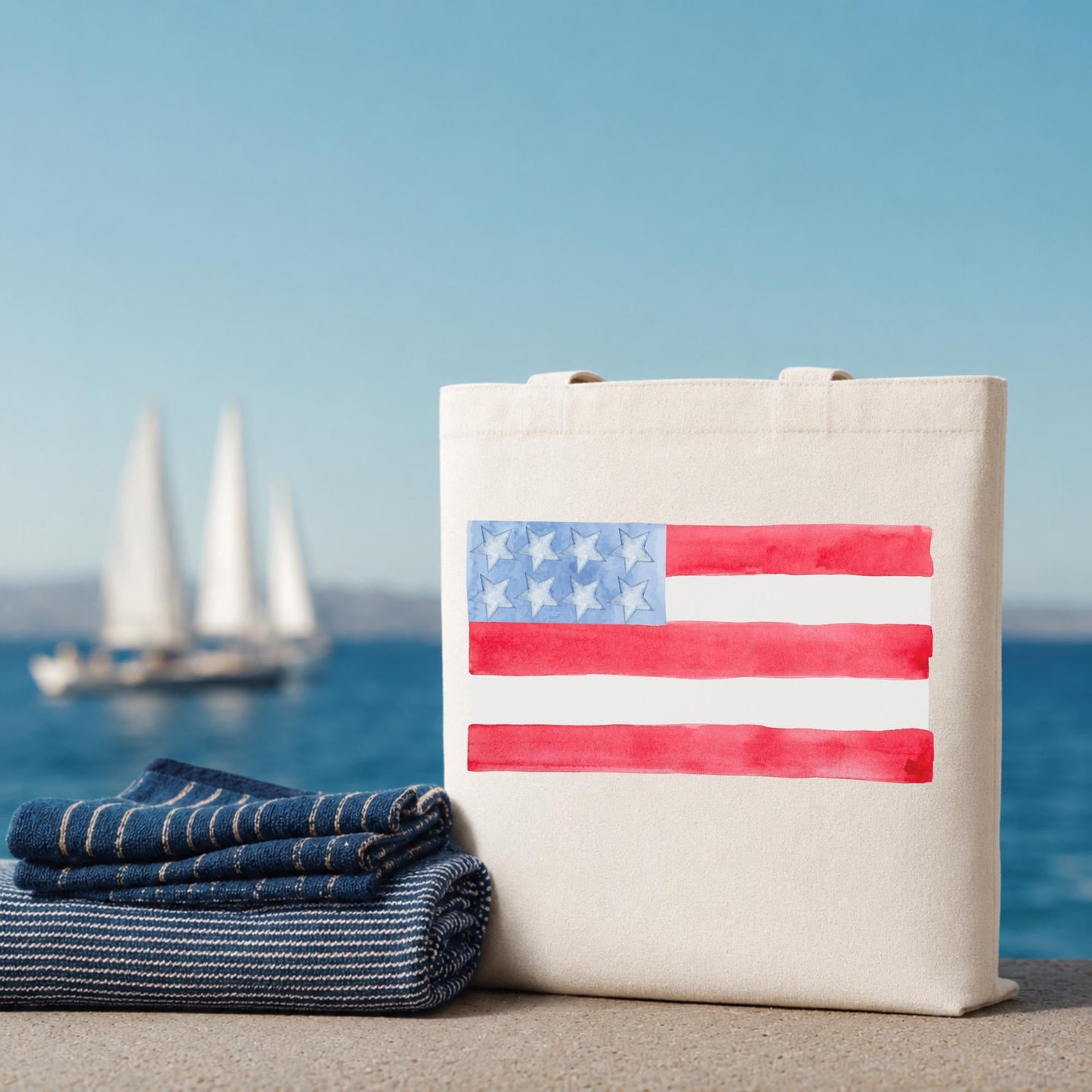 American Flag Tote Bag – Watercolor Canvas Reusable Shopping Carrier by The Saltwater Press