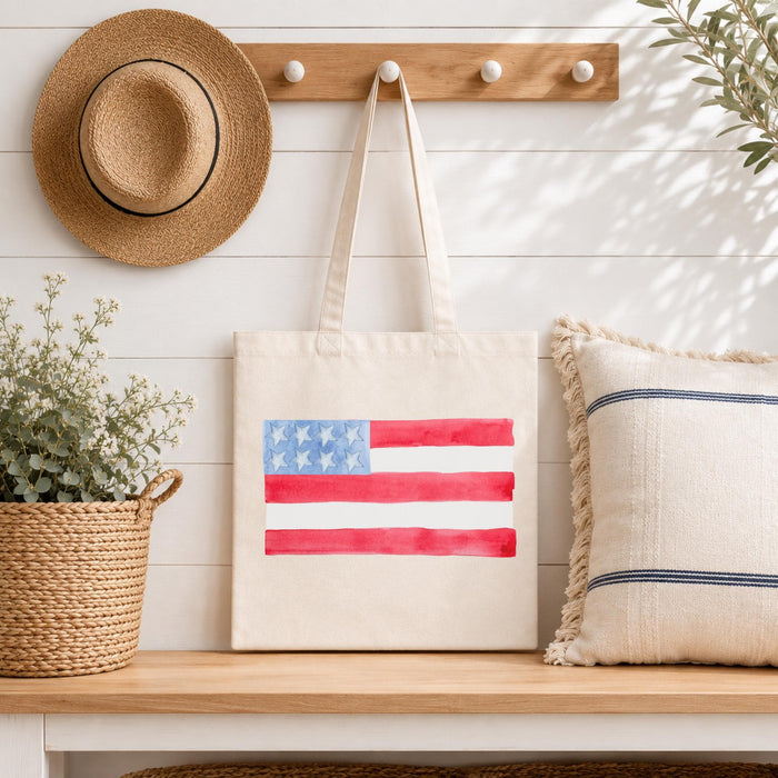 American Flag Tote Bag – Watercolor Canvas Reusable Shopping Carrier by The Saltwater Press