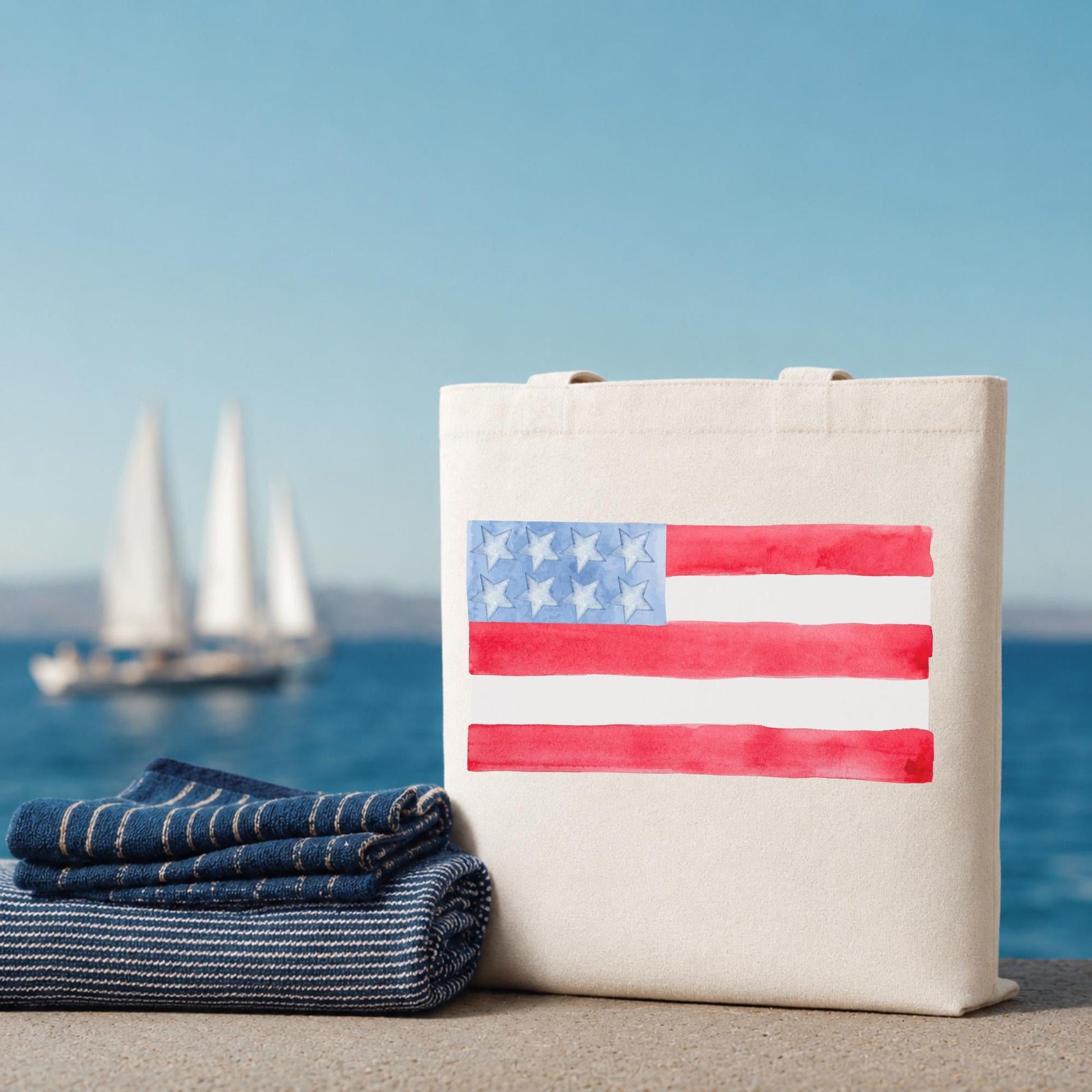 American Flag Tote Bag – Watercolor Canvas Reusable Shopping Carrier by The Saltwater Press