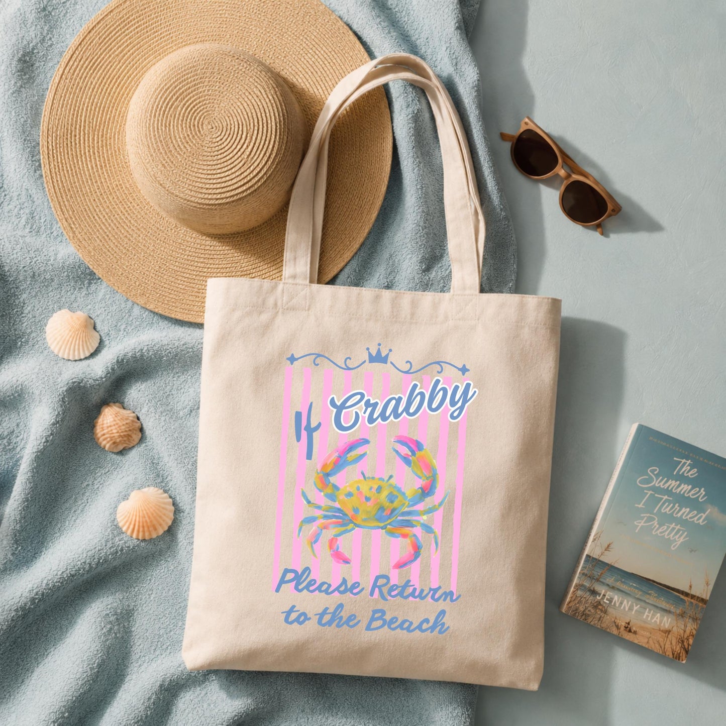 Beach Tote Bag – Funny Crab Canvas Reusable Coastal Carryall by The Saltwater Press