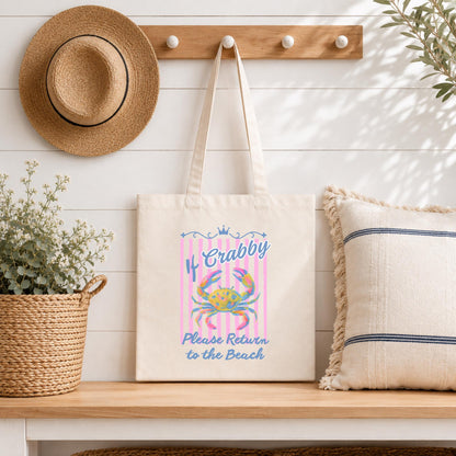 Beach Tote Bag – Funny Crab Canvas Reusable Coastal Carryall by The Saltwater Press