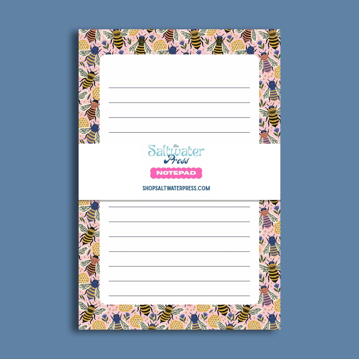 Bee Notepad – Lined 50 Tearoff Sheets with Pink Floral Design by The Saltwater Press