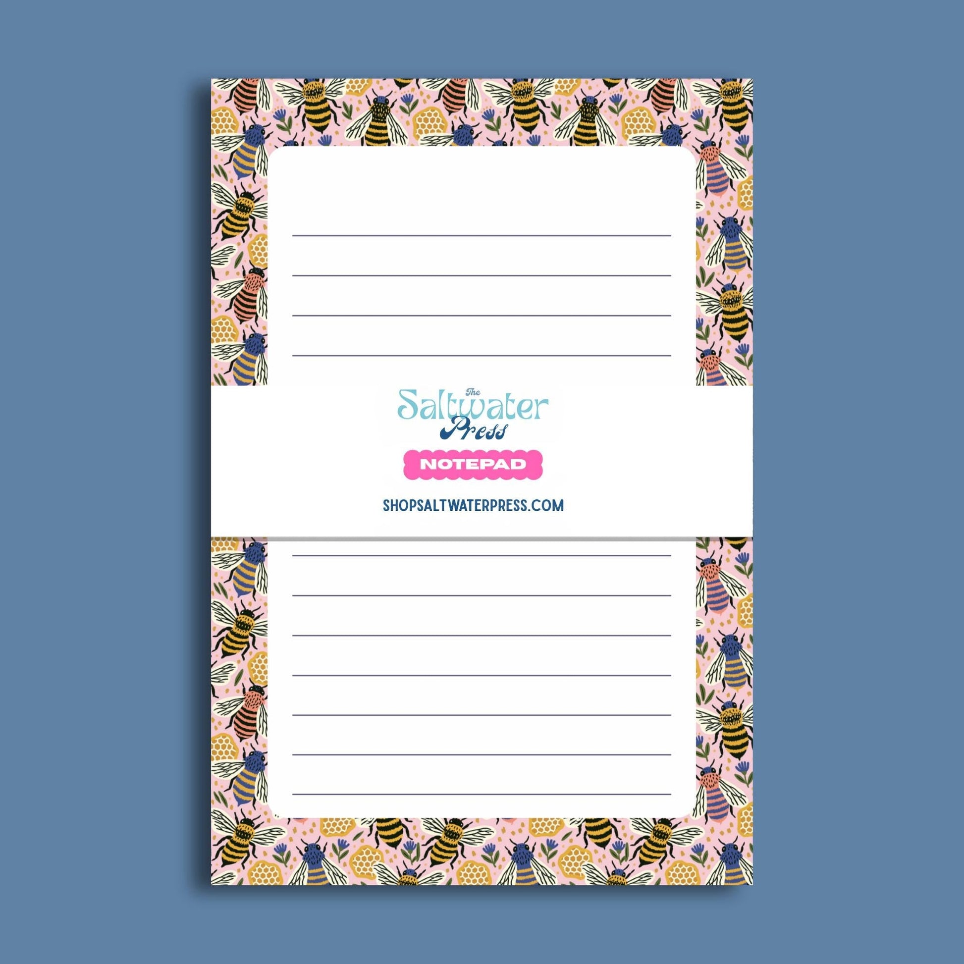 Bee Notepad – Lined 50 Tearoff Sheets with Pink Floral Design by The Saltwater Press