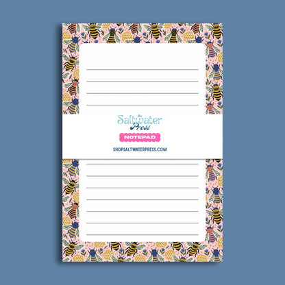 Bee Notepad – Lined 50 Tearoff Sheets with Pink Floral Design by The Saltwater Press