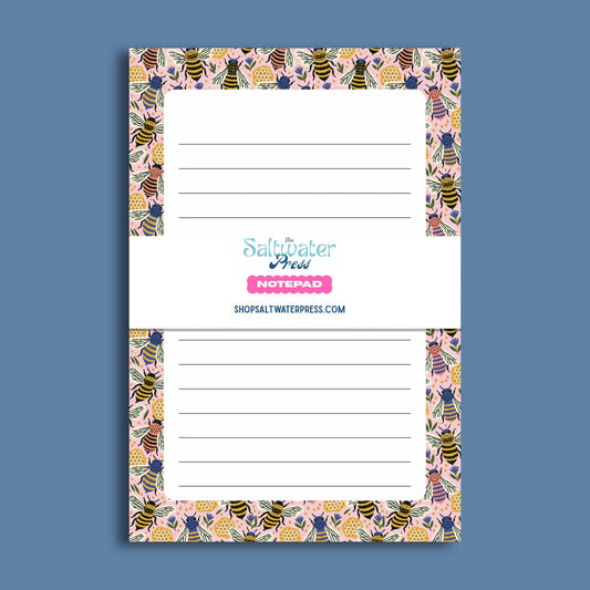 Bee Notepad – Lined 50 Tearoff Sheets with Pink Floral Design by The Saltwater Press